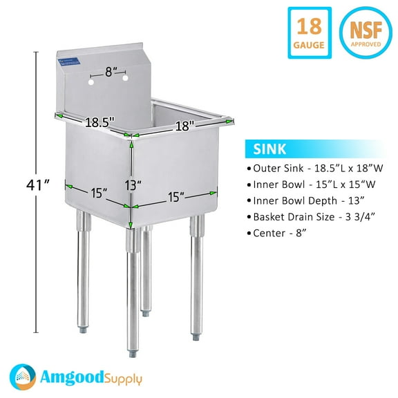 AmGood Stainless Steel Prep & Utility Sink | 304 Stainless Steel | Restaurant, Kitchen, Laundry, Garage | NSF (Bowl Size: 15" x 15" No Faucet)
