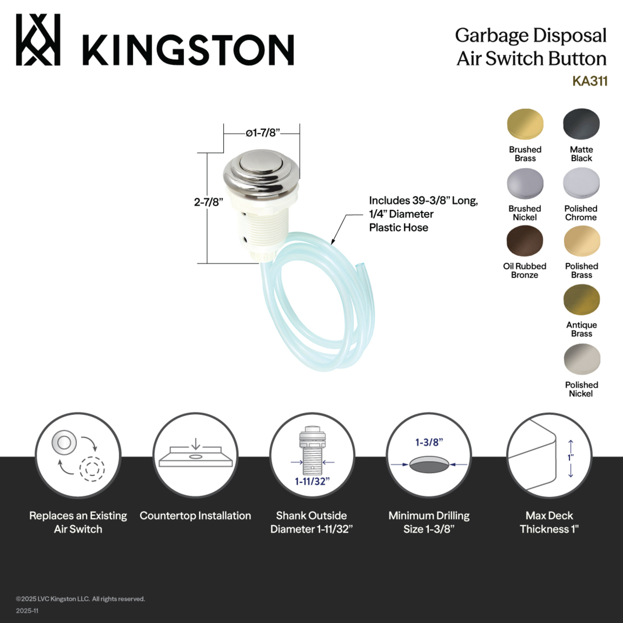 Kingston Brass KAT312 Trimscape Garbage Disposal Air Switch Button in Polished Brass