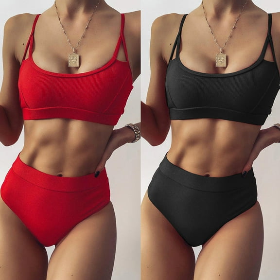 Jacenvly 2024 Bikini Swimsuits for Women Breathable Women Bikini U-Neck Hollow Out Two-Piece Solid Swimwear Swimsuit Beachwear Set Multicolor New Style Beach Dresses Casual Summer Black