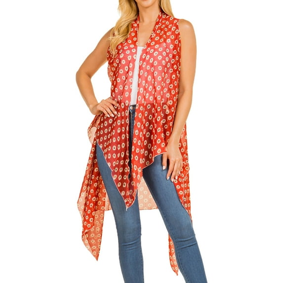 Open Front Draped Sheer Lightweight Cardigan Long Vest Little Bird Print