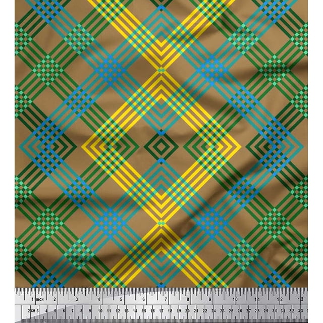 Soimoi Japan Crepe Satin Fabric Window Pane Check Print Fabric by The Yard 42 Inch Wide