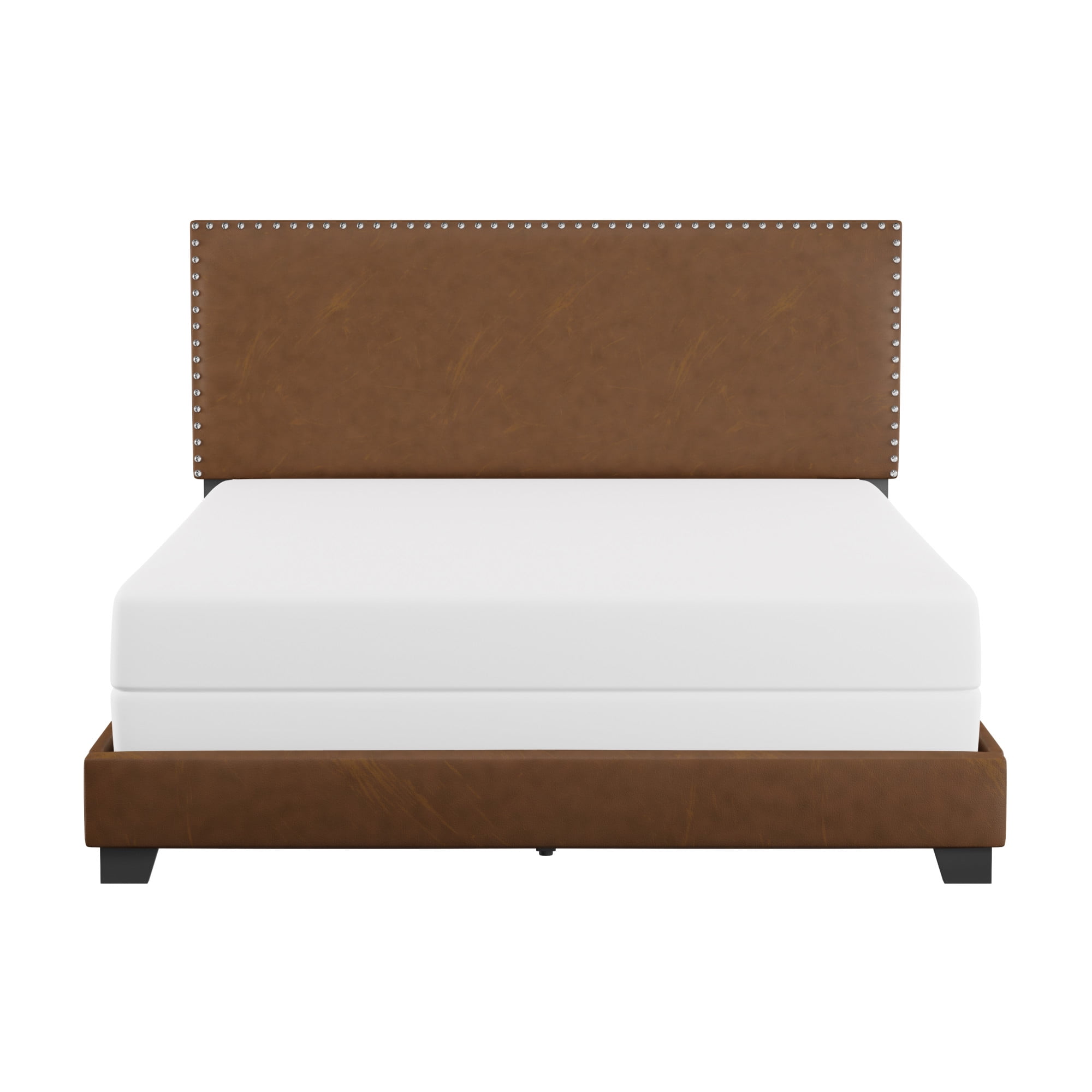 Willow Nailhead Trim Upholstered Queen Bed, Saddle Brown Faux Leather