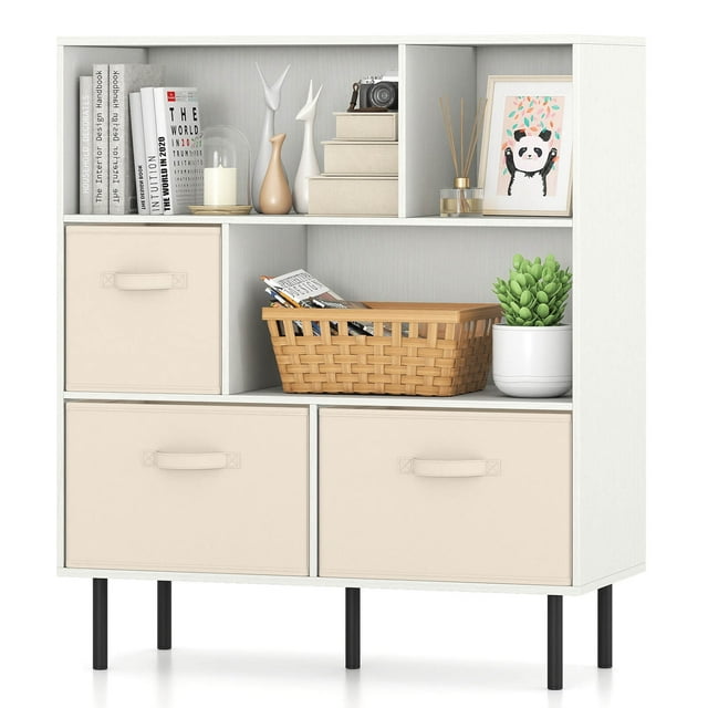 Costway 6-Cube Bookshelf with 3 Removable Folding Fabric Drawers Metal Legs for Living Room White