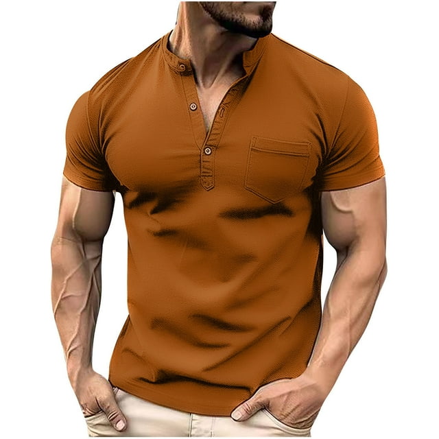AherBiu Short Sleeve T Shirts for Men Causal Button Tee Shirts Summer Solid Lightweight Summer Pullover Shirts