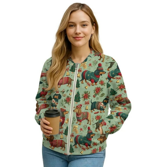 DISNIMO Dachshund Floral Printed Sweatshirts for Women Long Sleeve Jackets Zip Up Outwear Coat Fall Winter Outfits, S
