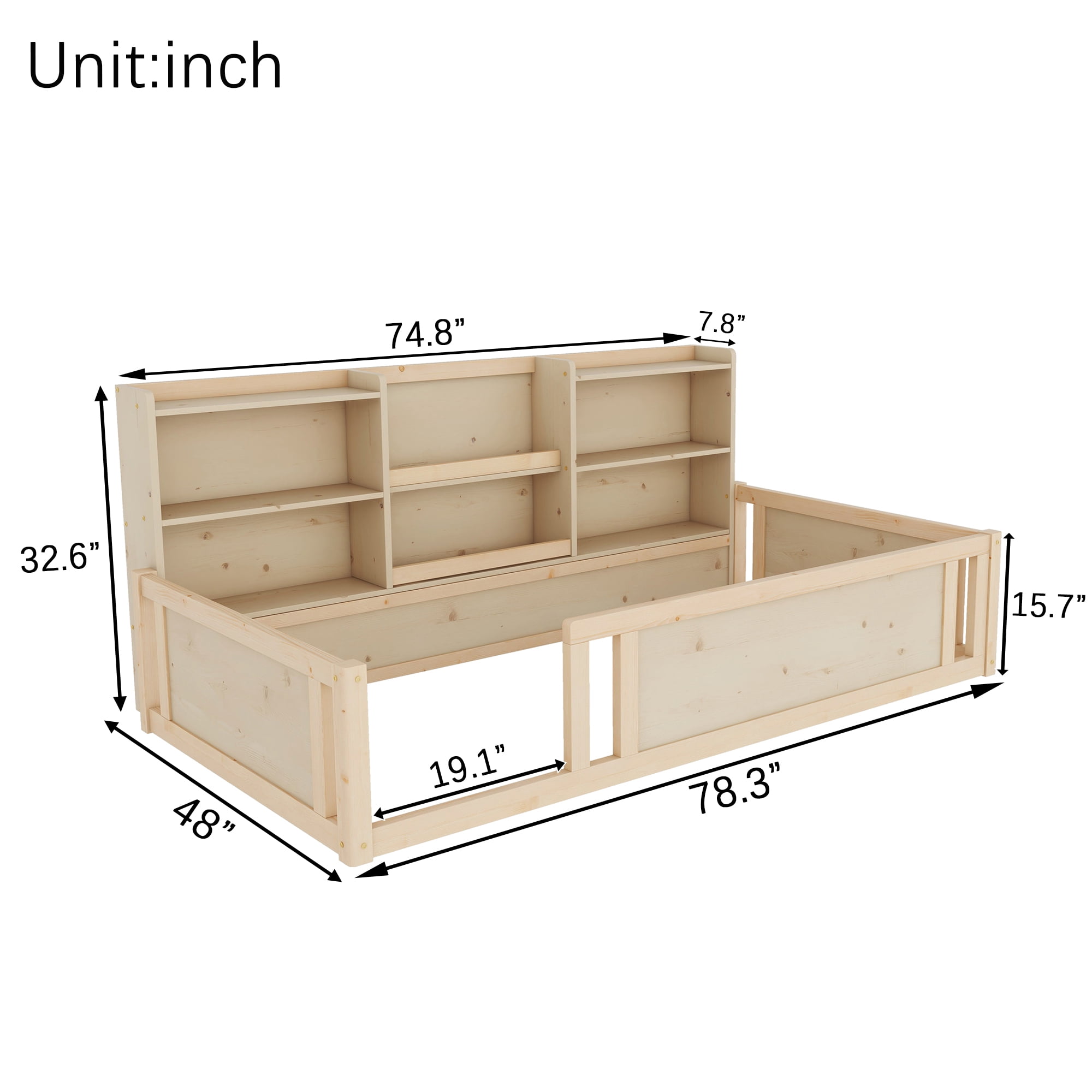 Mintazer Twin Size Montessori Floor Bed with Bookcase Headboard & Guardrails, Kids Platform Bed Frame with 6 Cubby Storage Shelves for Bedroom, Natural