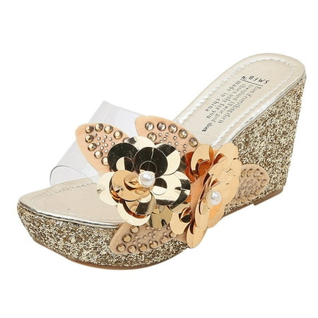 

asdoklhq Womens Shoes Clearance Under $20 Summer Rhinestone sequins Sandals Roman Wedges Beach Shoes