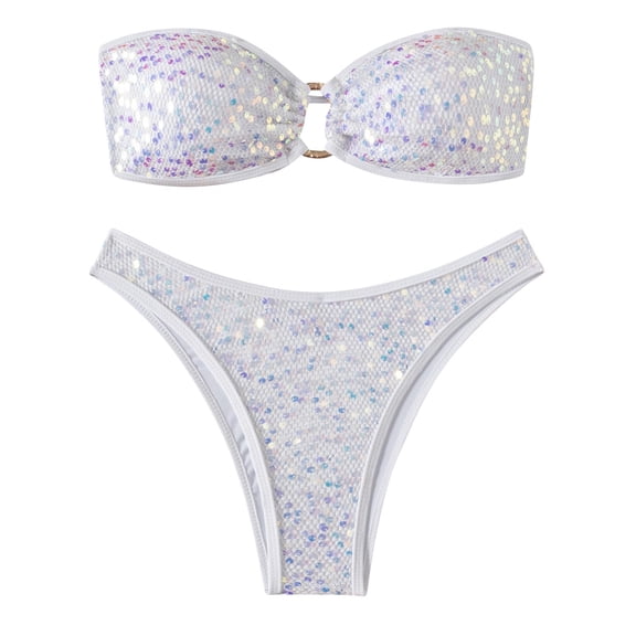 Women's 2 Piece Bikini Swimsuit Sequin Strapless Tube Tops High Cut Thong Sparky Glitter Bathing Suit (S, White)