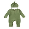 thumbnail image 1 of Infant Baby Boys Jumpsuit and Hat Set  Solid Knit Ribbed Long Sleeve Crew Neck Button Romper One-Piece Clothes, 1 of 6