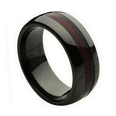 8mm Ceramic Domed Black with Burgundy Wood Laminate Inlay Wedding Band Ring For Men and