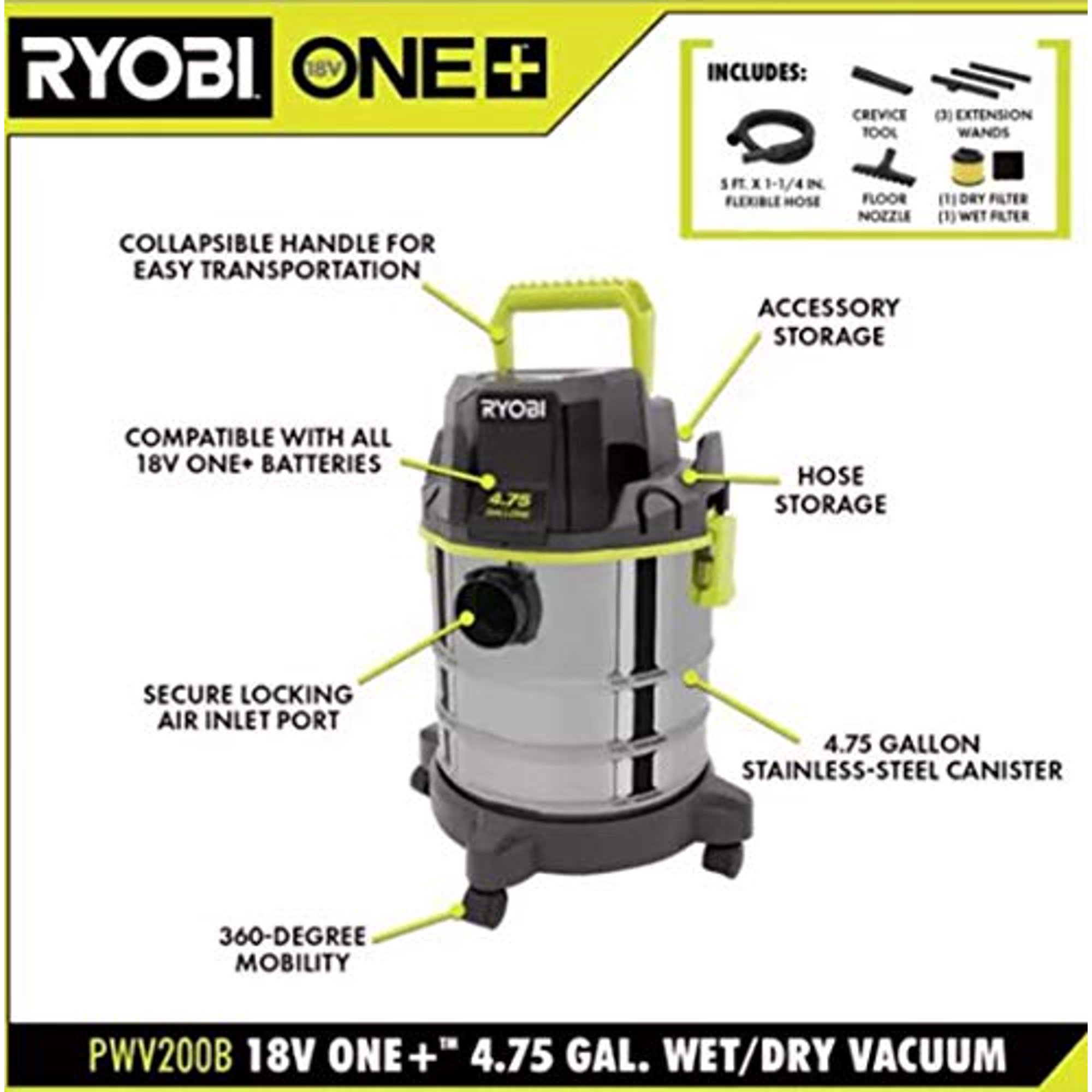 Shop Vacuum Wet Dry Pacroban ONE+ 18V Cordless Wet/Dry Vacuum - 1 Gal ...