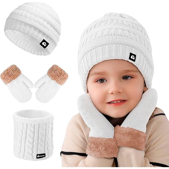 Juego de Gorro, Bufanda y Guantes de Invierno Bluelander, a Prueba de Viento, Blanco