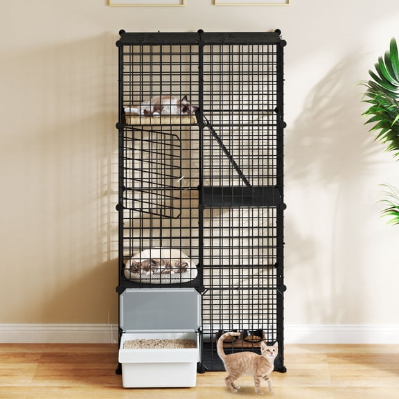 Dextrus 4-Tier DIY Cat Cage with Litter Box, Indoor Cat Enclosure with Ramp & Platforms for 1-2 Kittens, 28"L x 14"W x 55"H,Black