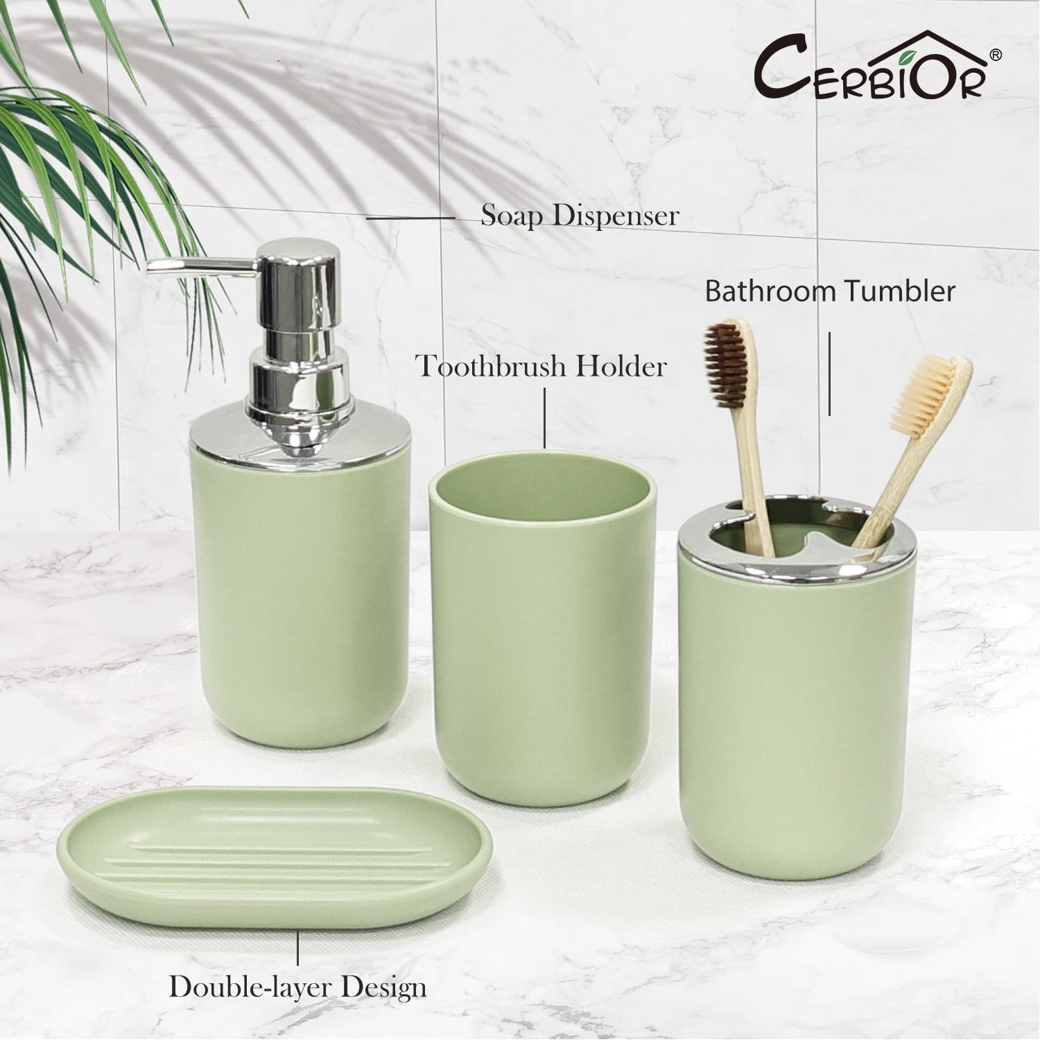 CERBIOR 6-Pieces Plastic Soap Dispenser Toothbrush Holder, Avocado Green