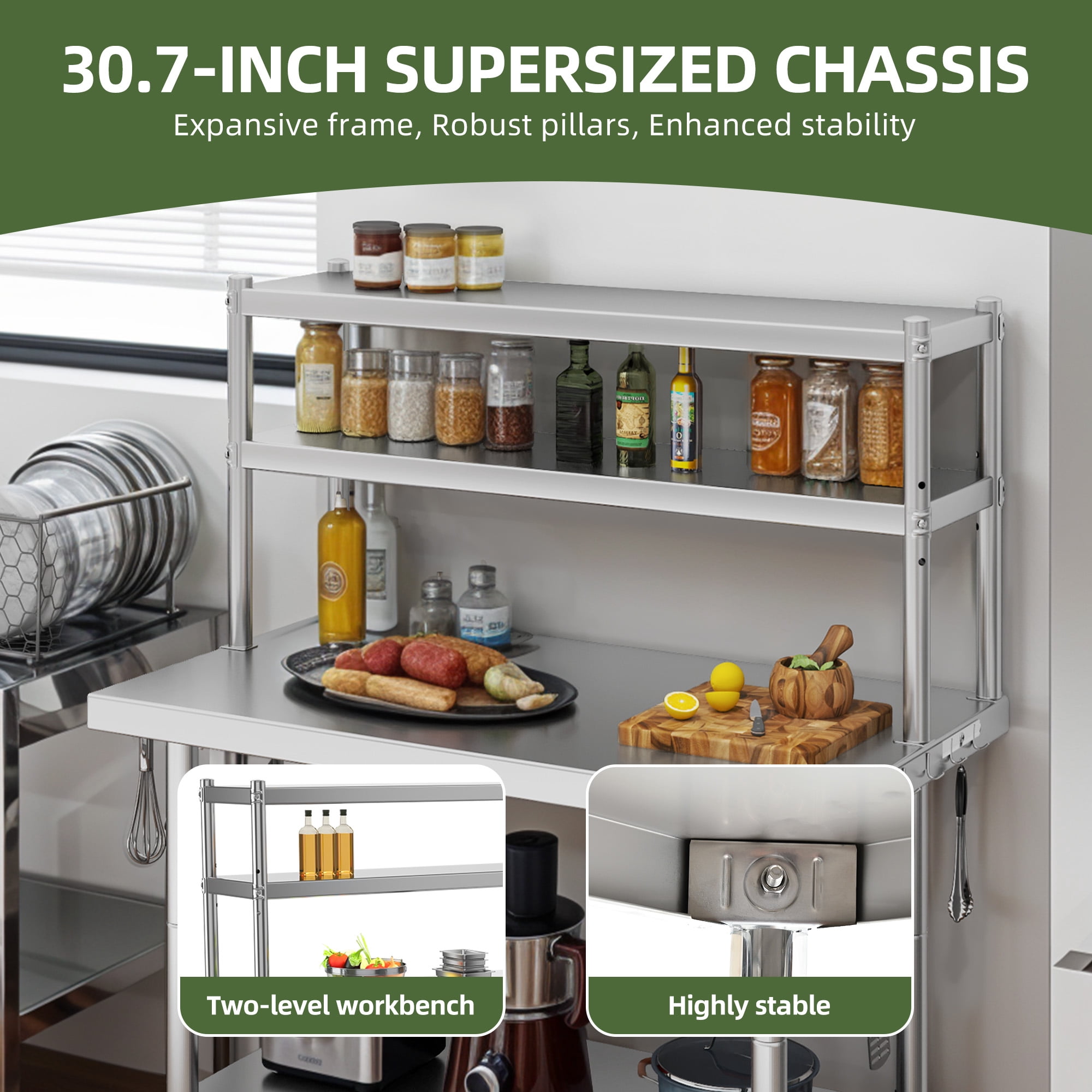 Uforic 42" x 24" Stainless Steel Prep Table with Adjustable Overshelf, Hooks, Heavy-Duty Metal Workbench for Commercial Kitchen Storage Shelves and Restaurants