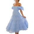 thumbnail image 3 of ZAXARRA Robe d'Été Décontractée Femme A-Ligne Manches Courtes Puff Off Épaule Midi à Carreaux Robe, 3 of 7