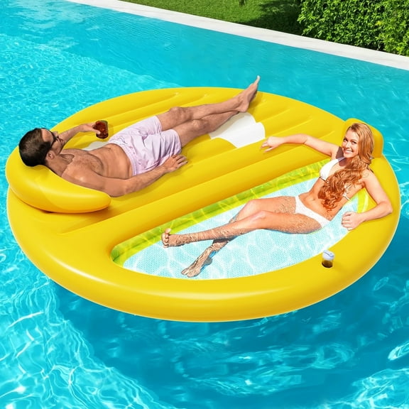XIEWEI Inflatable Tanning Pool Lounger Float with Headrest and Cup Holder, 71" X 71" Large Tanning Bed for Adult, Sunbathing Bathing Floating Blow up Mat