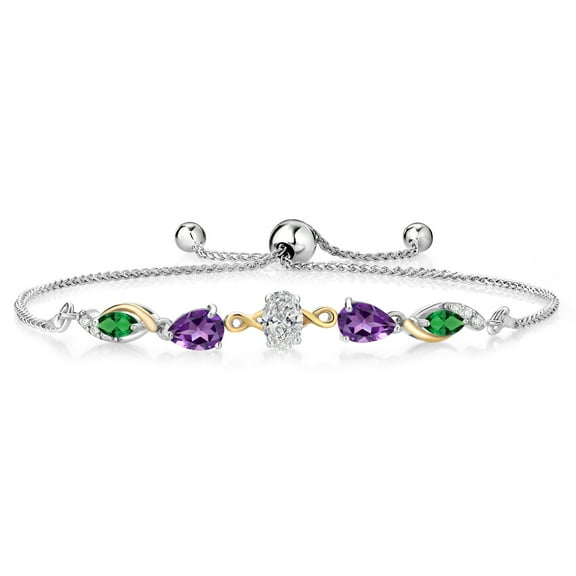 925 Silver and 10K Yellow Gold Lab Grown Diamond, Purple Amethyst and Green Nano Emerald Bracelet for Women | 1.56 Cttw | Gemstone April Birthstone | Oval 6X4MM | Fully Adjustable 9 inch