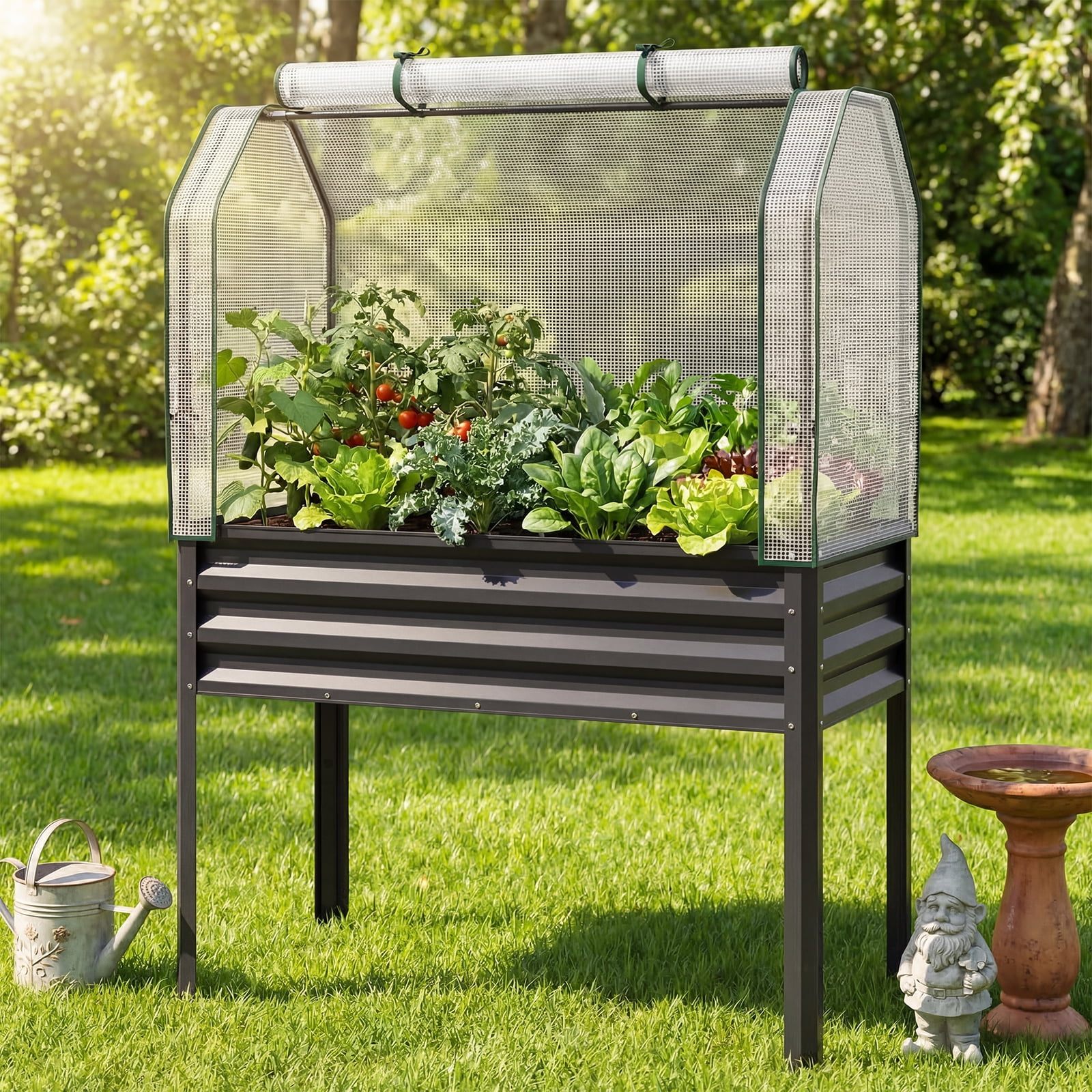 Costway 1 PCS Galvanized Raised Garden Bed with Legs Greenhouse Cover Roll-up Door for Vegetable Gray