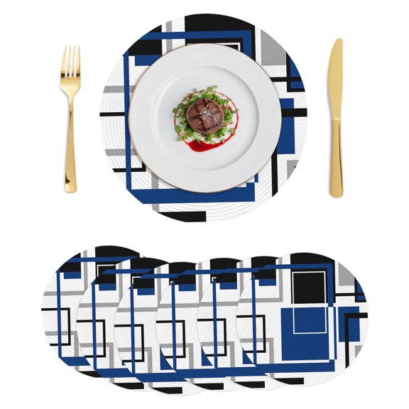 Round Placemats Blue Black 15 inch Set of 6 Table Mats for Dining Table Abstract Geometric Heat Resistant Non-Slip Kitchen & Home Decorative Place Mat Set