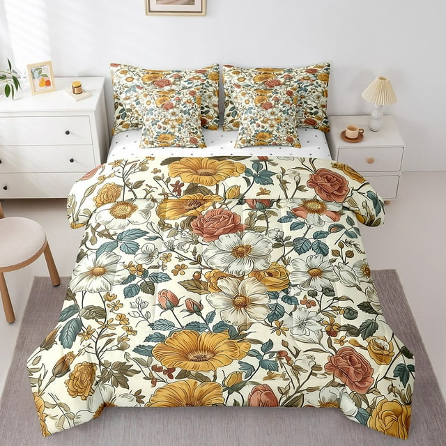 YST, Retro Flower, Bedding Set, Floral, 7-Piece, Botanical Flowers, Queen Size