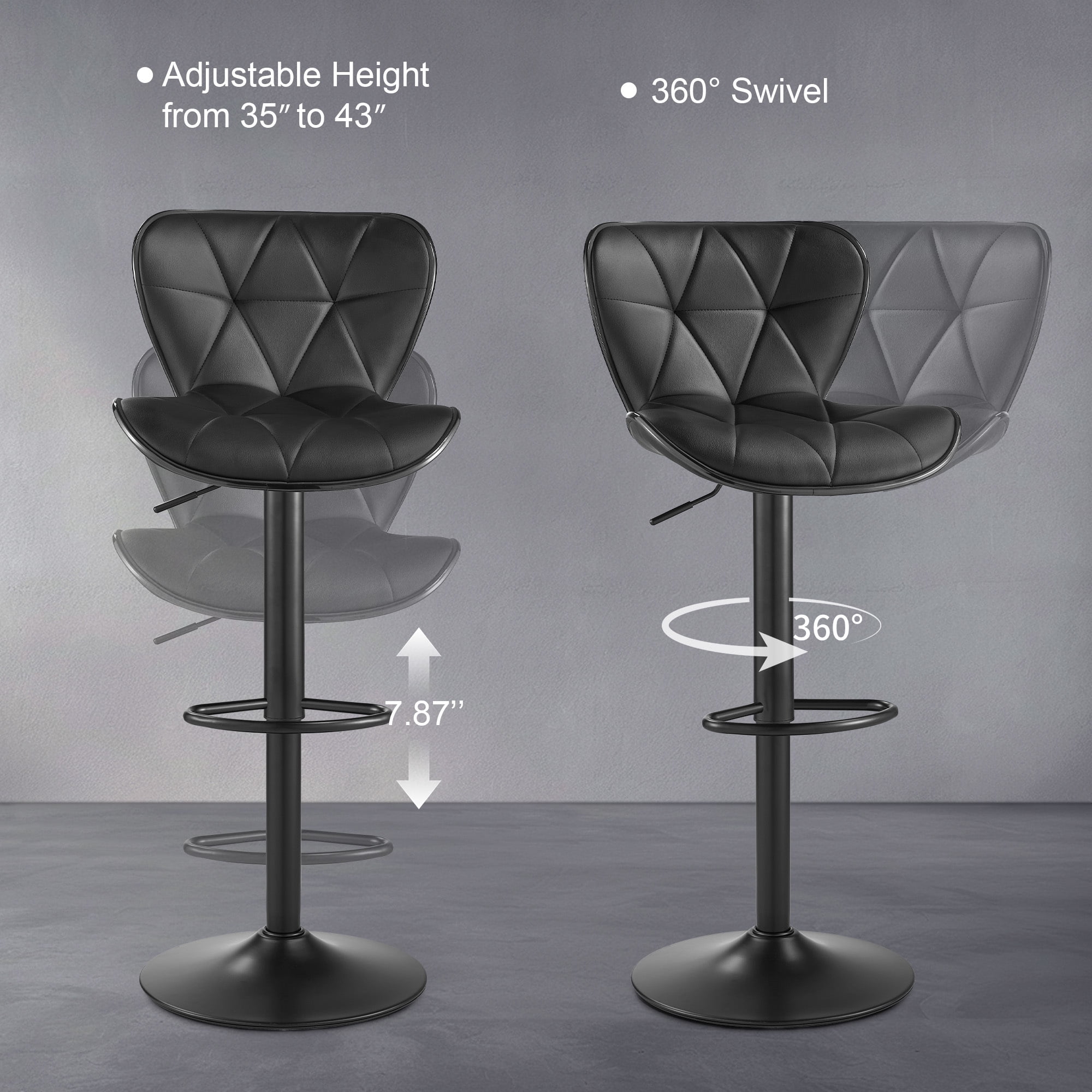 AUNEKIV Bar Stools, Swivel Counter Height Bar Stools, Adjustable Faux PU Leather Bar Chairs with Back and Footrest, Modern Upholstered Armless Counter Stools, Island Chairs for Bar Kitchen, Black