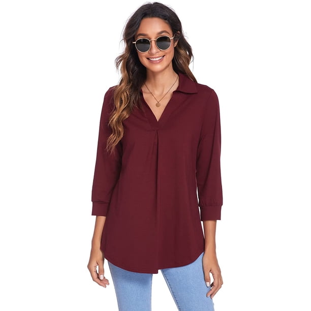 Txlixc Camisa suelta para mujer, jersey de manga tres cuartos con cuello en V de color sólido informal para adultos Txlixc Moda