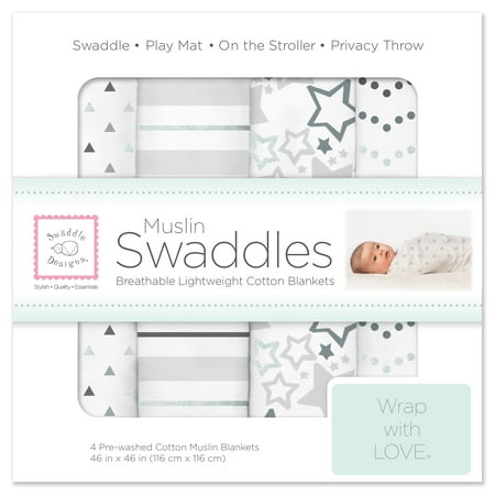 - SwaddleDesigns X-Large Cotton Muslin Swaddle Blankets, Set of 4, Starshine Shimmer, Sterling