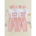 thumbnail image 3 of Loicainy Baby Toddler Girl Summer Outfits 3 6 12 18 Months Letter Print Short Sleeve Round Neck Romper Bow Pattern Pants Headband 3 Pcs Clothes Set, 3 of 9