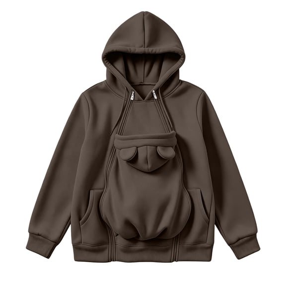 Women Hoodie Carrier Pouch Zip Up Hooded Warm Winter Jacket with Front Pouch for Baby or Small Pet Khaki 2XL