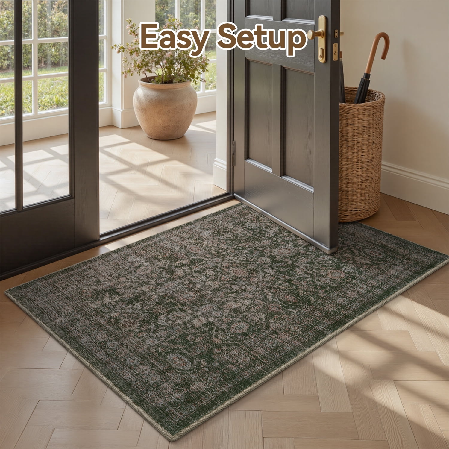 SIXHOME 2'x3' Vintage Distressed Area Rug Soft Washable Non-Slip Carpet American Classic Retro Rug with Geometric Rugs for Living Room Bedroom Neutral Home Decor Green
