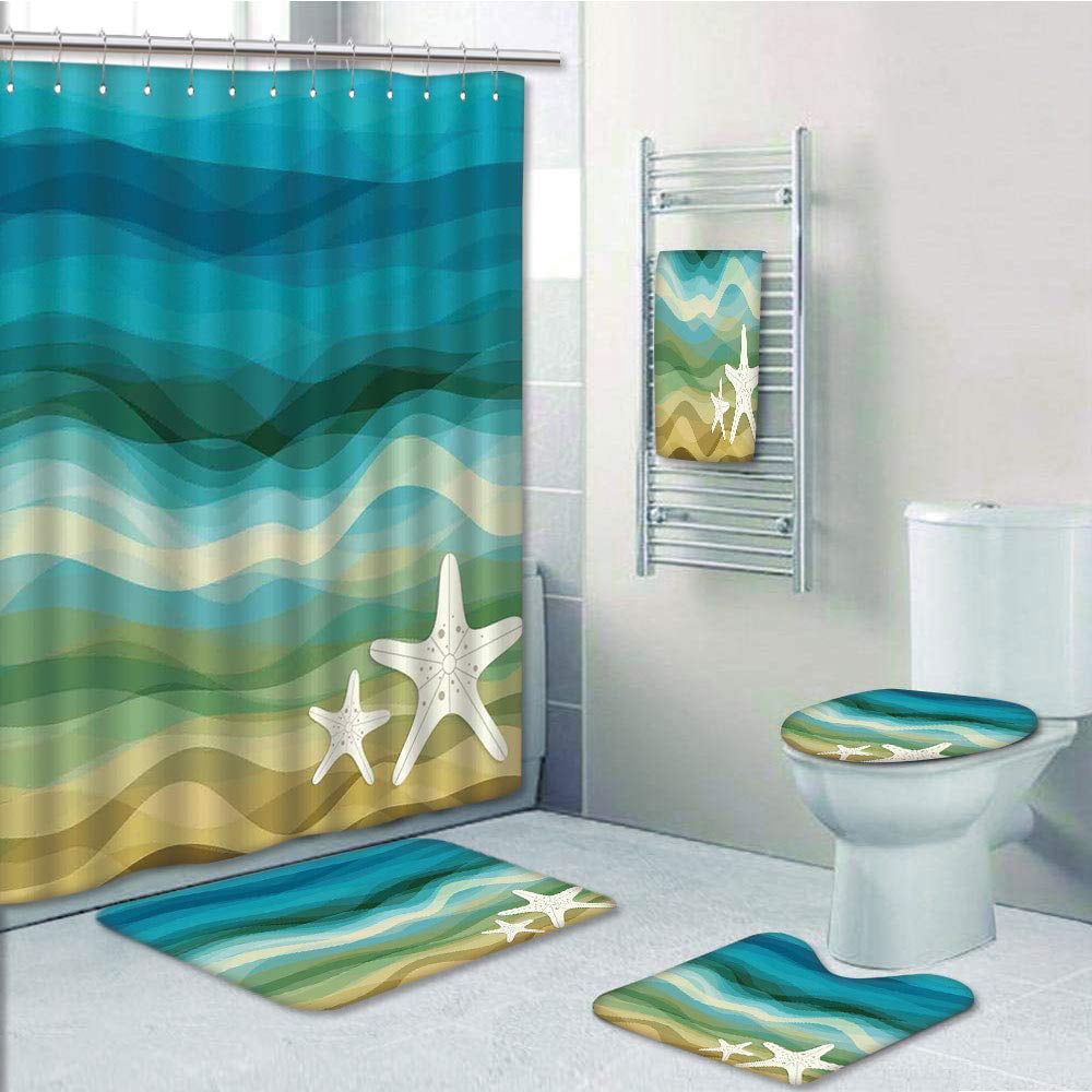 Beach Surf Vacation Shower Curtain Toilet Cover Rug Mat Contour Rug Set 