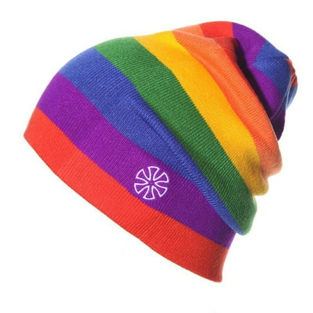 

SPHET Women Men Winter Knitted Ski Beanie Hat Rainbow Contrast Color Striped Baggy Slouchy Cap for Outdoor Hip Hop Hiking Cycling Walking