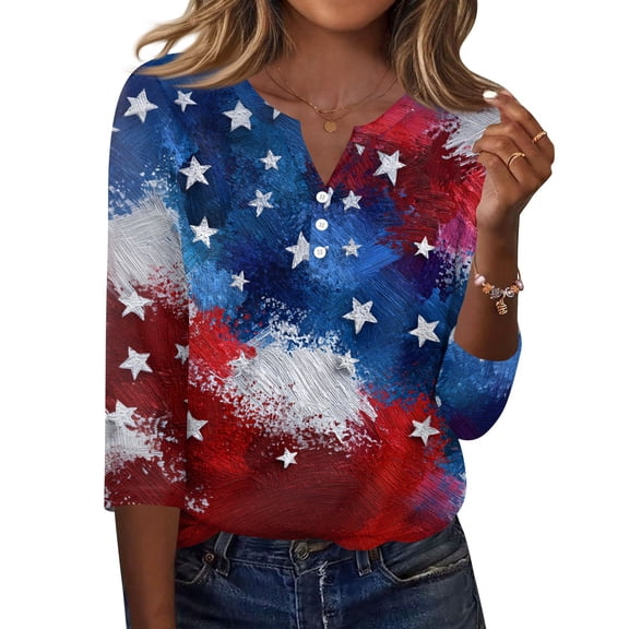 Women's 250th Anniversary Usa Shirt Independence Day Patriotic Star Print V-Neck Button 3/4 Sleeve July 4th