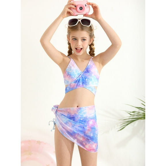 Bullpiano Girls Swimsuits, Big Girls Solid 7-14 Bikinis Bathing Suit, 3 Pieces, Size 7-14T