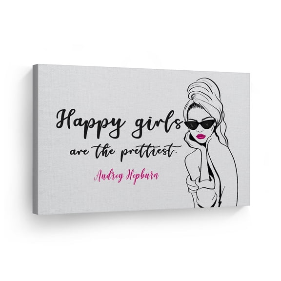 Smile Art Design Happy Girls are the Prettiest Quote by Audrey Hepburn Glam Fashion Canvas Wall Art Print Office Bathroom Teen Girl Room Women Dorm Bedroom Living Room Wall Decor 30x40