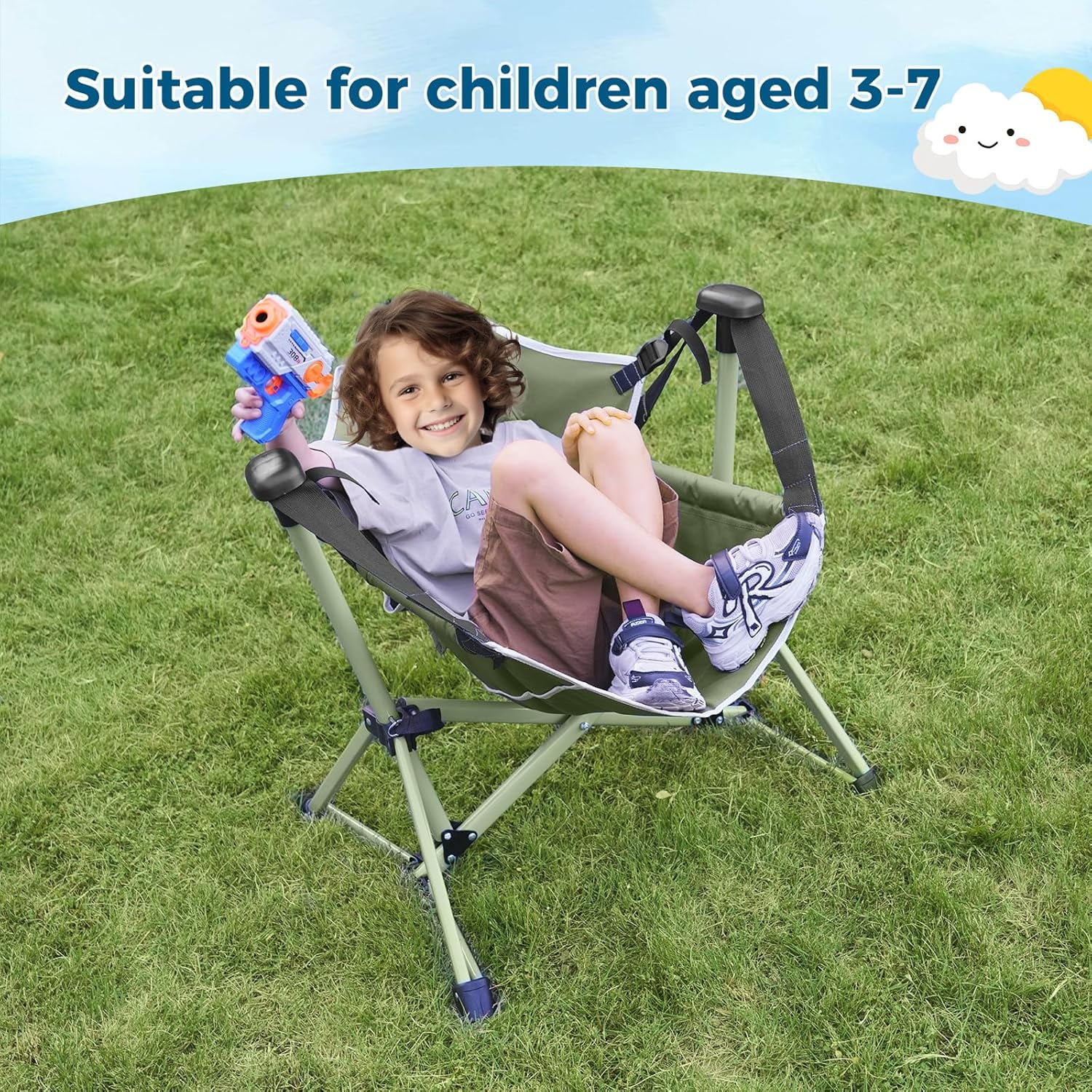 Kids Hammock Chair with Stand, Adjustable Folding Portable Chair for Camping Travel and Patio, Green, Supports 135 Lbs