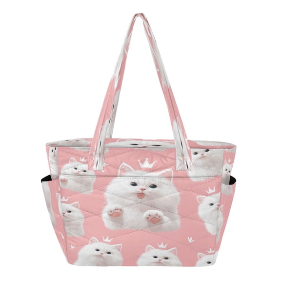 Quilted Tote Bag Large Capacity Multi-Compartment Handbag Lightweight Structured Shoulder Bag Versatile Casual Bag Happy White Cat Face
