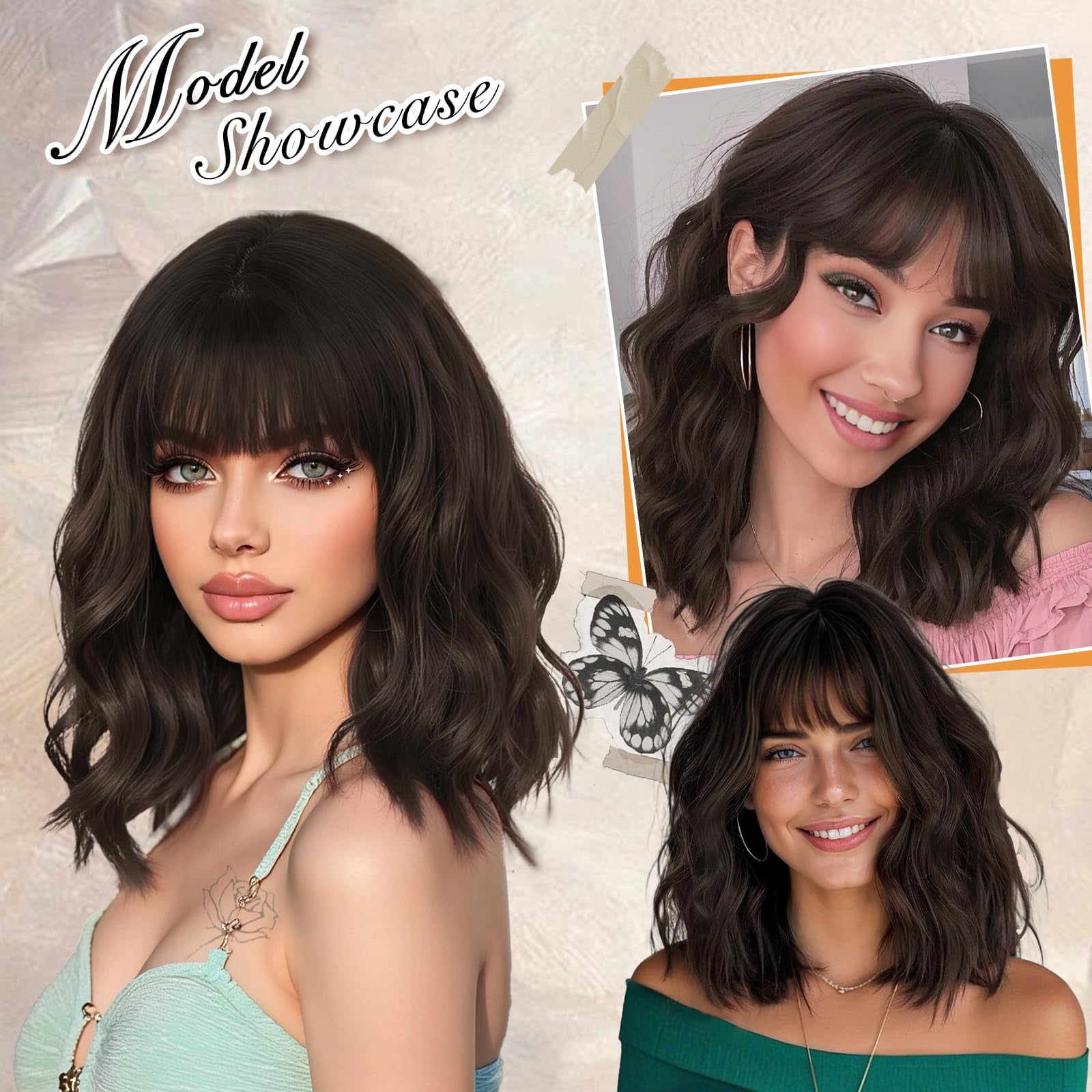 Wig with Bangs Short Bob Wigs for Women Shoulder Length Wavy Curly Wigs Synthetic Fiber Wigs 14 Inches for Daily Party Use
