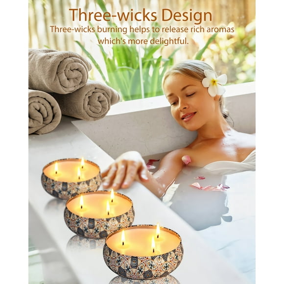 Scented Candles Gift Set,3 Cans Made of 100% Natural Soy Wax with Essential Oils for Stress Relief, 3 Fragrances Use for Aromatherapy, Bath, Yoga, Perfect for Christmas, Birthday, Mother's Day