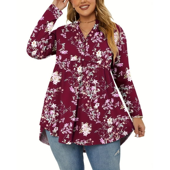 TARAINYA Women's Plus Size Tops Long Sleeve Henley V Neck Button Up Flowy T Shirts Tunic Loose Blouses