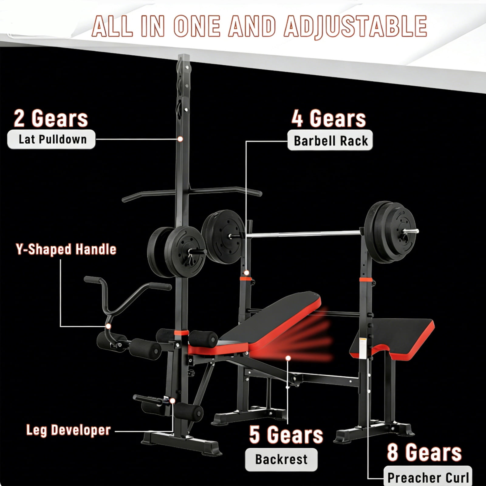 1500LBS Weight Bench Press Set, 8-in-1 Adjustable Workout Bench with Squat Rack, Leg Extension & Preacher Curl for Home Gym Strength Training