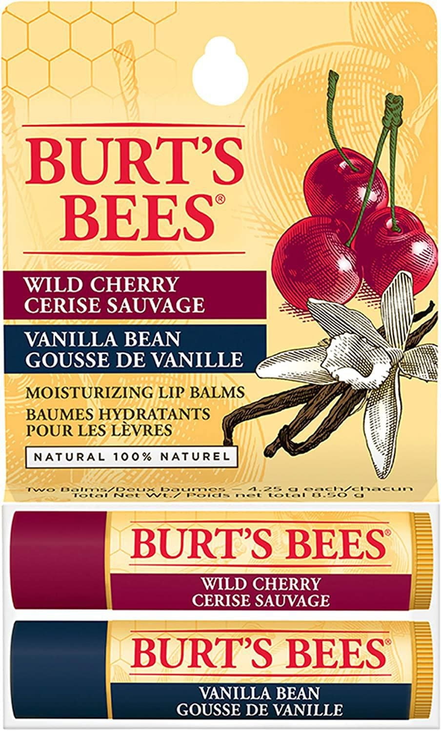 Burt's Bees 100% Natural Origin Moisturizing Lip Balm, Vanilla Bean & Wild Cherry -, 2 Pack
