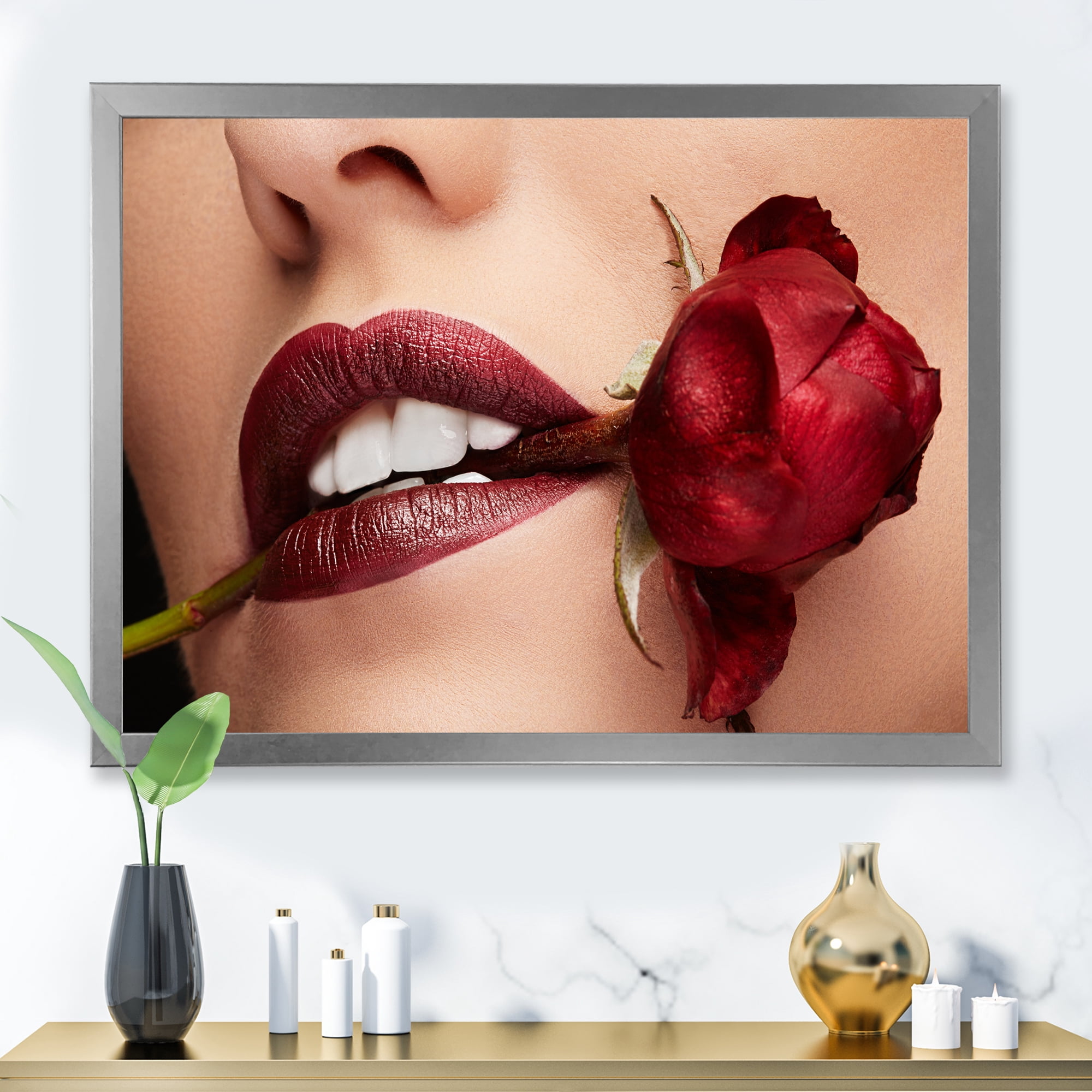 Designart 'Girl With Red Lipstick Holding A Rose In Mouth' Modern Framed Art Print