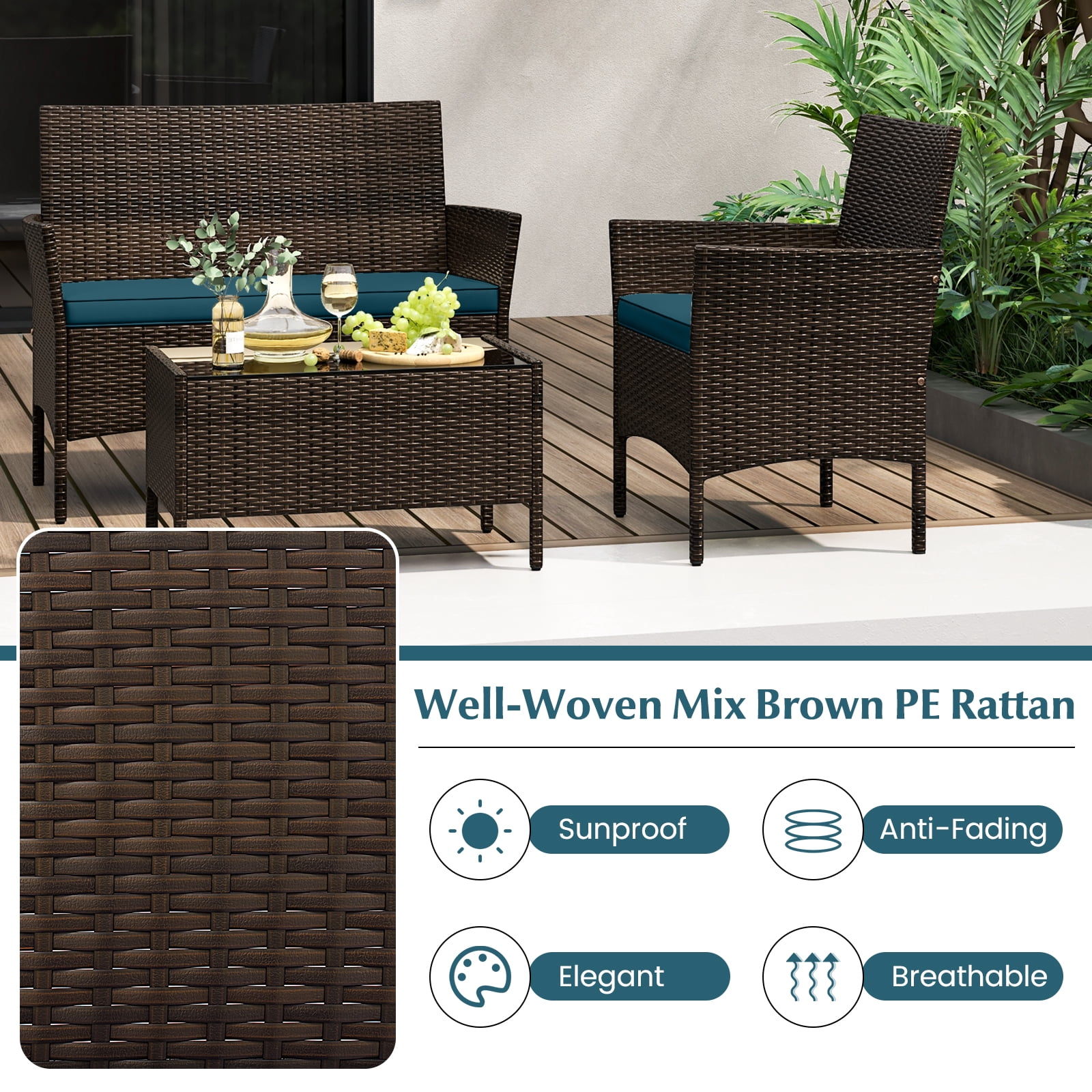 Topbuy 4 Piece Patio Rattan Conversation Set Outdoor Wicker Furniture Set w/ Chair Loveseat & Tempered Glass Table Peacock Blue