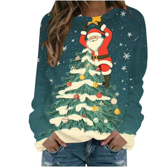 asdoklhq Christmas Women Sweatshirt Women's Long Sleeve Hoodless Christmas Printed Casual Warm Sweatshirt Multicolor 3X
