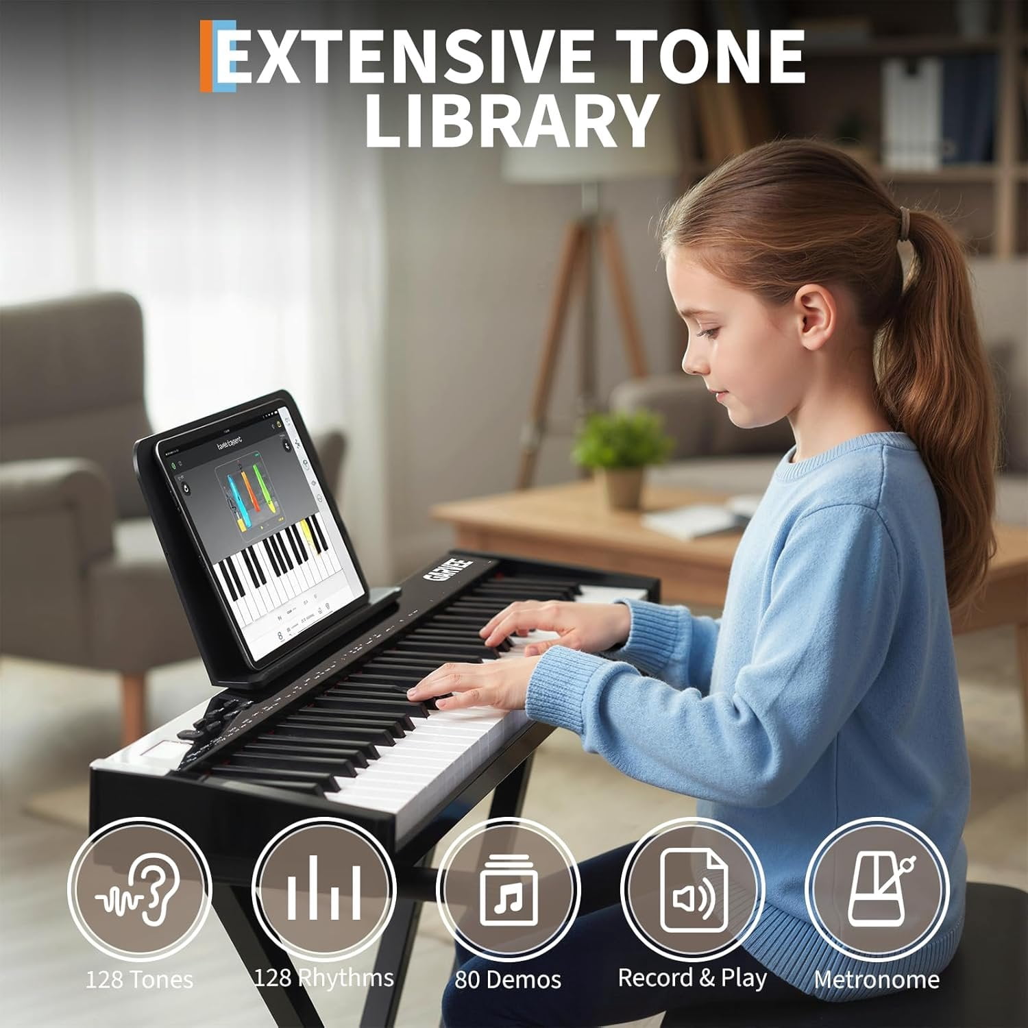 Digital Piano Keyboard 61 Key, Portable Semi-Weighted Electric Keyboard with Stand & Adapter, for Beginners/Professionals, Black