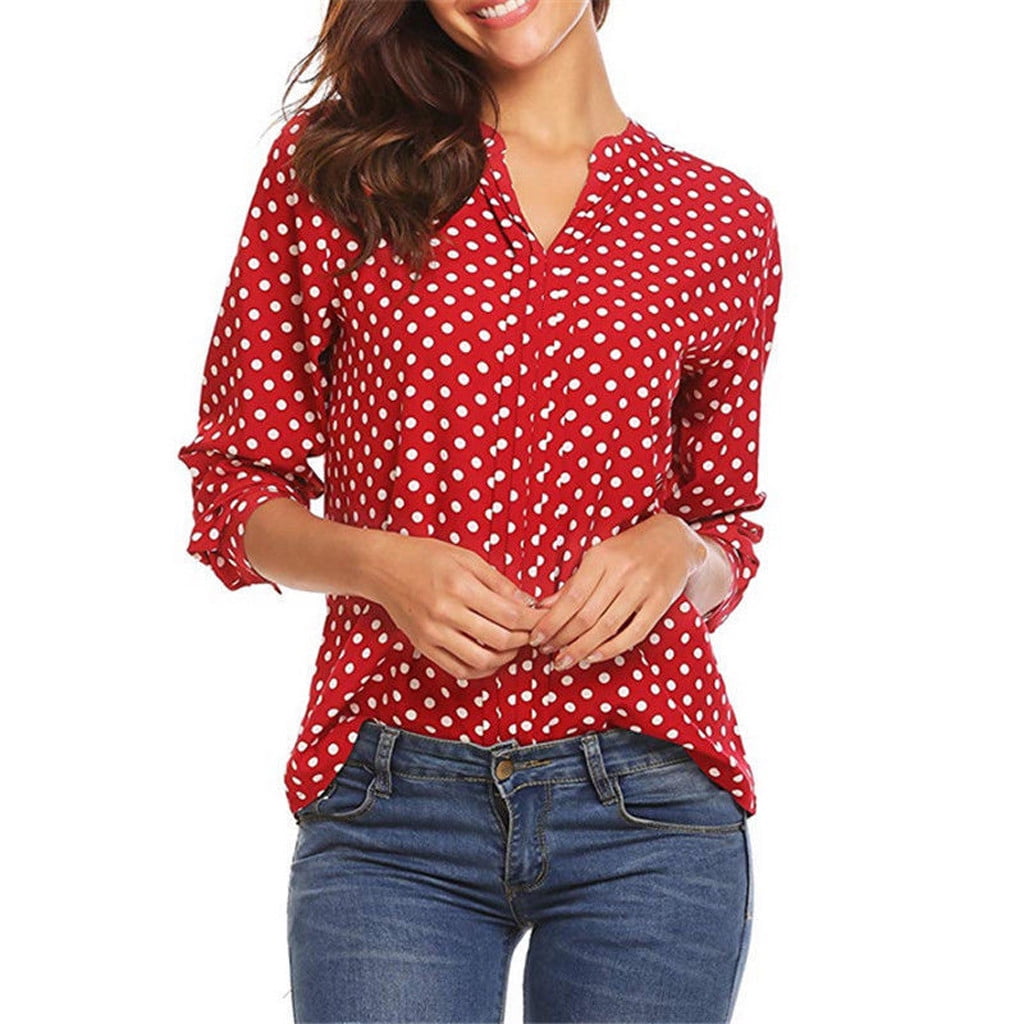 Womens Polka Dot Shirt Feminine Long Sleeve V Neck Office Work Button Down  Blouse Tops Ladies Casual Classic Tunic(Red,XXL)