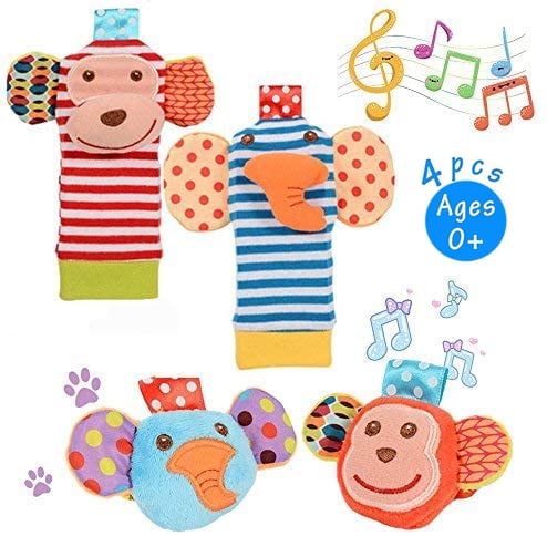 VONTER 4 Pack Cute Animal Wrist and Foot Rattles Finder Socks Set for Infant Baby Velcro Design Developmental Toys Set Elephant and Monkey - Wonderful Baby Gift