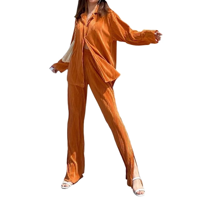 VISgogo Traje de Pijama de Dos Piezas para Mujer, Tops de Manga Larga con Botones y Cuello Vuelto de Color Sólido + Pantalones Largos con Cintura Elástica VISgogo moda